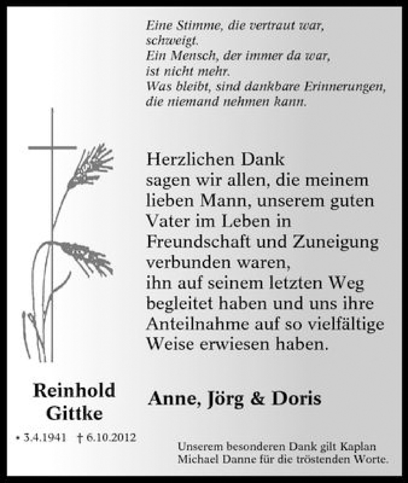  Traueranzeige für Reinhold Gittke vom 17.11.2012 aus Tageszeitung