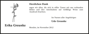 Traueranzeige von Erika Greunke von Tageszeitung