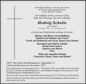 Traueranzeige von Hedwig Schulte von Tageszeitung