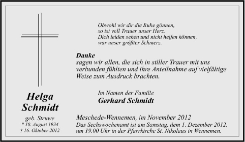  Traueranzeige für Helga Schmidt vom 26.11.2012 aus Tageszeitung
