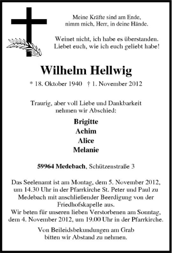 Traueranzeige von Wilhelm Hellwig von Tageszeitung