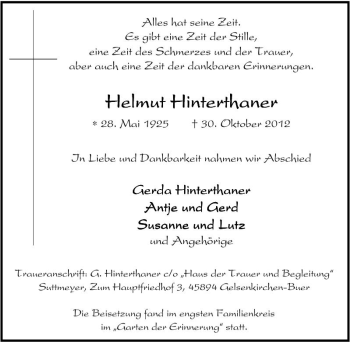 Traueranzeige von Helmut Hinterthaner von Tageszeitung