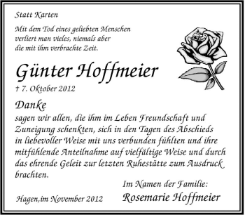 Traueranzeige von Günter Hoffmeier von Tageszeitung