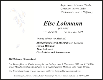 Traueranzeige von Else Lohmann von Tageszeitung