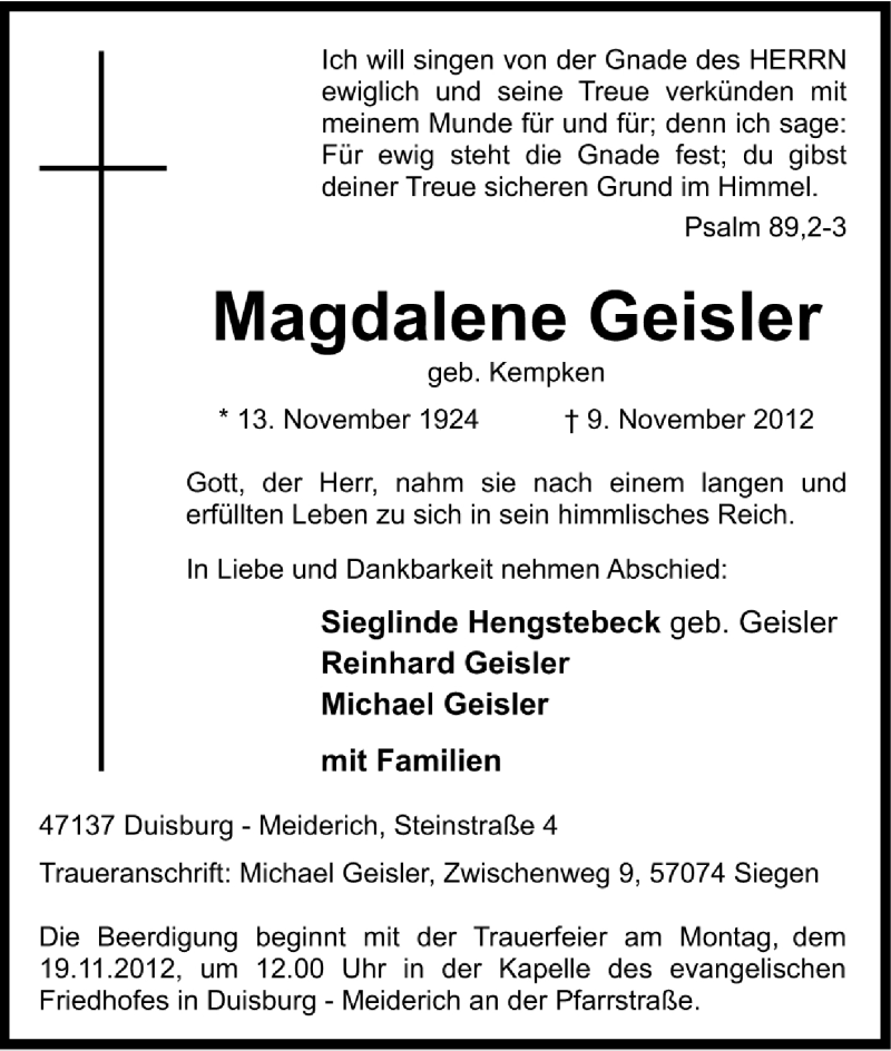  Traueranzeige für Magdalena Geisler vom 14.11.2012 aus Westdeutsche Allgemeine Zeitung
