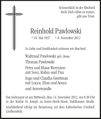 Traueranzeige von Reinhold Pawlowski von Tageszeitung