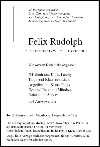 Traueranzeige von Felix Rudolph von Tageszeitung