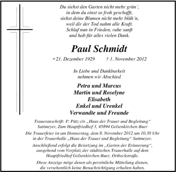 Traueranzeige von Paul Schmidt von Tageszeitung