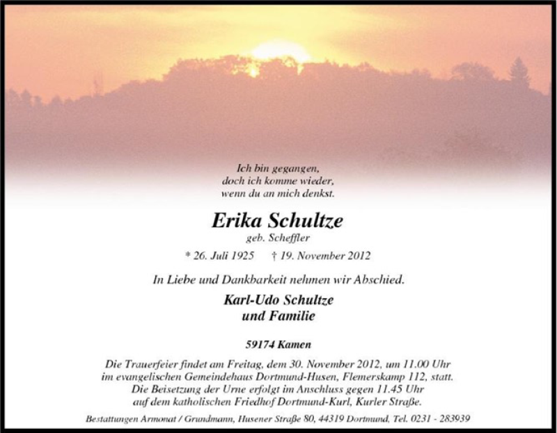  Traueranzeige für Erika Schultze vom 24.11.2012 aus Tageszeitung