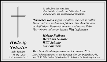 Traueranzeige von Hedwig Schulte von Tageszeitung