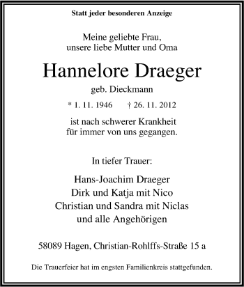 Traueranzeige von Hannelore Draeger von Tageszeitung