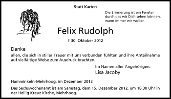 Traueranzeige von Felix Rudolph von Tageszeitung