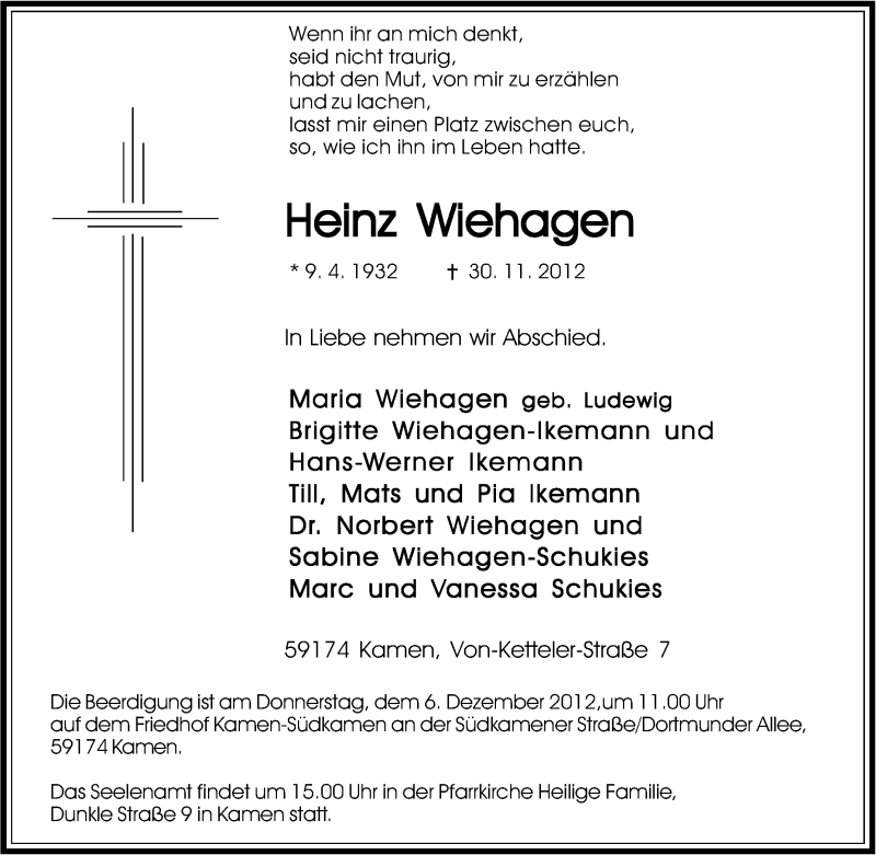  Traueranzeige für Heinz Wiehagen vom 01.12.2012 aus Tageszeitung