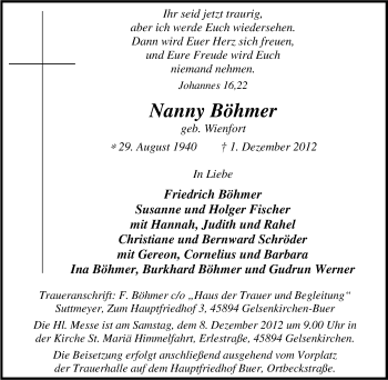 Traueranzeige von Nanny Böhmer von Tageszeitung