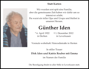 Traueranzeige von Günther Iden von Tageszeitung