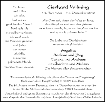 Traueranzeige von Gerhard Wilming von Tageszeitung
