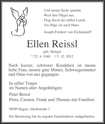 Traueranzeige von Ellen Reissl von Tageszeitung