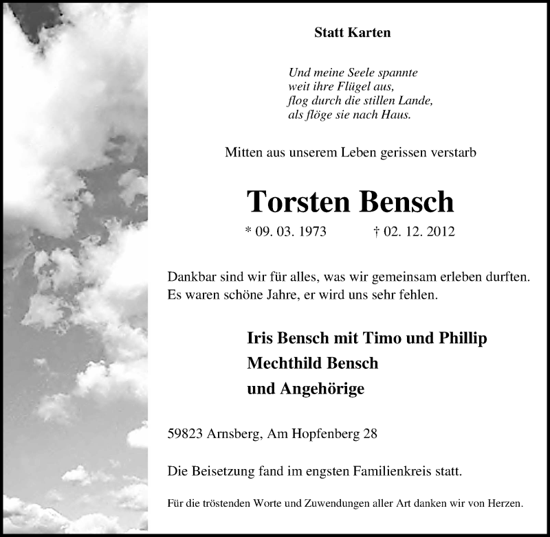  Traueranzeige für Torsten Bensch vom 15.12.2012 aus Tageszeitung