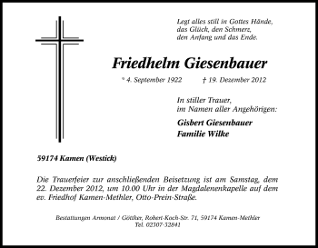 Traueranzeige von Friedhelm Giesenbauer von Tageszeitung