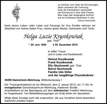 Traueranzeige von Helga Luzie   Krystkowiak von Tageszeitung
