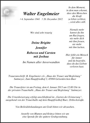 Traueranzeige von Walter Engelmeier von Tageszeitung