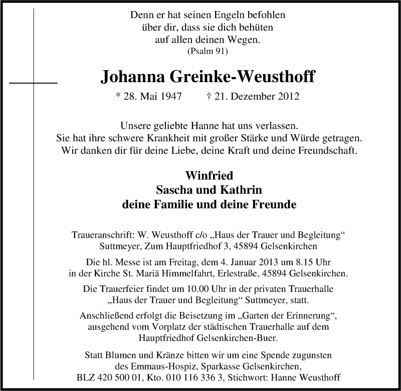  Traueranzeige für Johanna Greinke-Weusthoff vom 29.12.2012 aus Tageszeitung