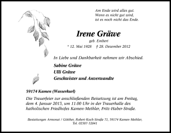 Traueranzeige von Irene Gräwe von Tageszeitung