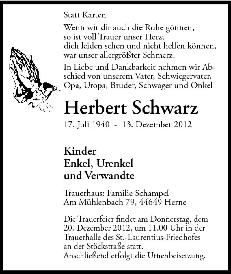  Traueranzeige für Herbert Schwarz vom 17.12.2012 aus Tageszeitung