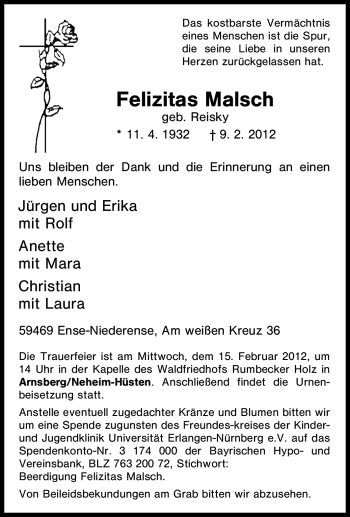 Traueranzeige von Felizitas Malsch von Tageszeitung