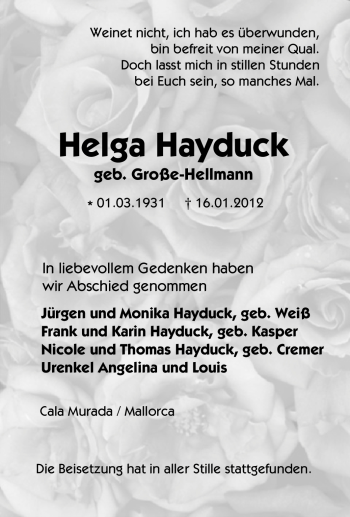 Traueranzeige von Helga Hayduck von Tageszeitung