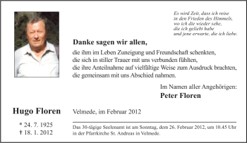 Traueranzeige von Hugo Floren von Tageszeitung