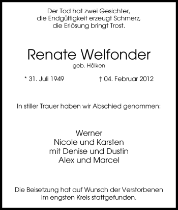 Traueranzeige von Renate Welfonder von Tageszeitung