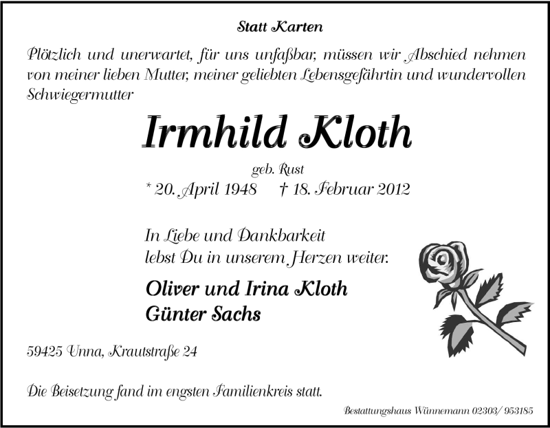  Traueranzeige für Irmhild Kloth vom 27.02.2012 aus Tageszeitung