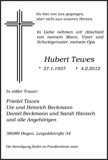 Traueranzeige von Hubert Tewes von Tageszeitung