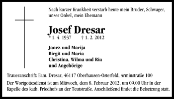 Traueranzeige von Josef Dresar von Tageszeitung