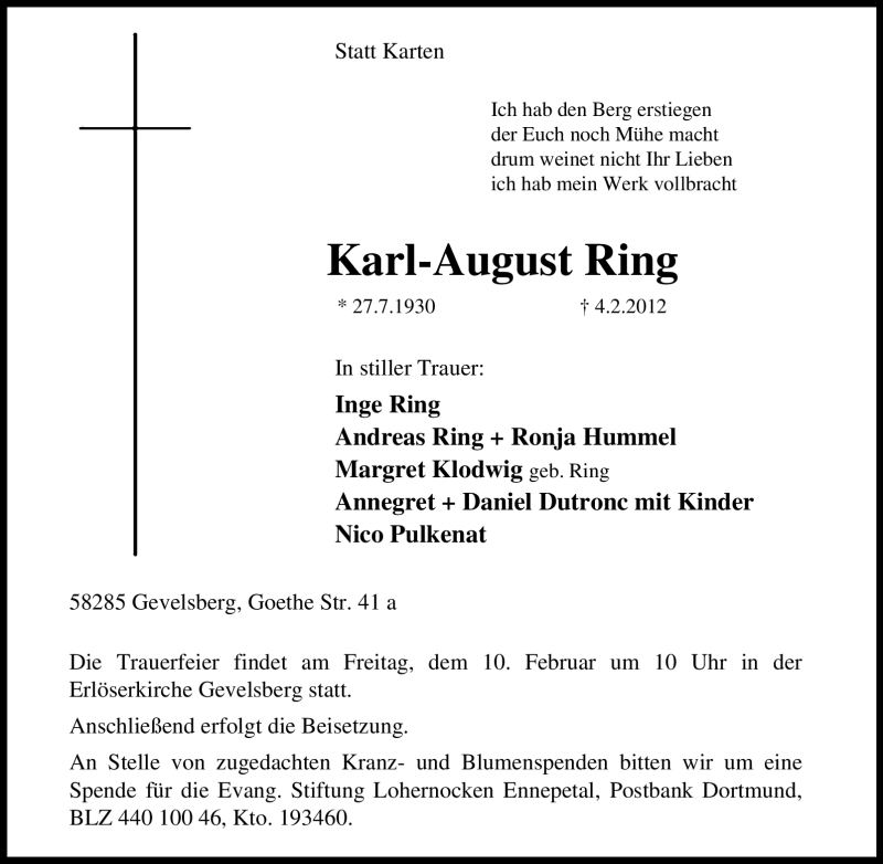  Traueranzeige für Karl-August Ring vom 08.02.2012 aus Tageszeitung
