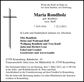 Traueranzeige von Maria Rondholz von Tageszeitung