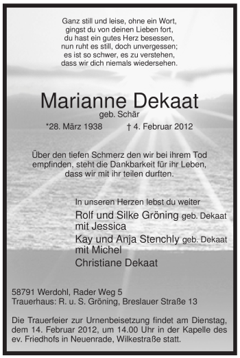 Traueranzeige von Marianne Dekaat von Tageszeitung