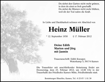 Traueranzeige von Heinz Müller von Tageszeitung