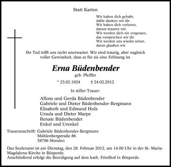 Traueranzeige von Erna Büdenbender von Tageszeitung