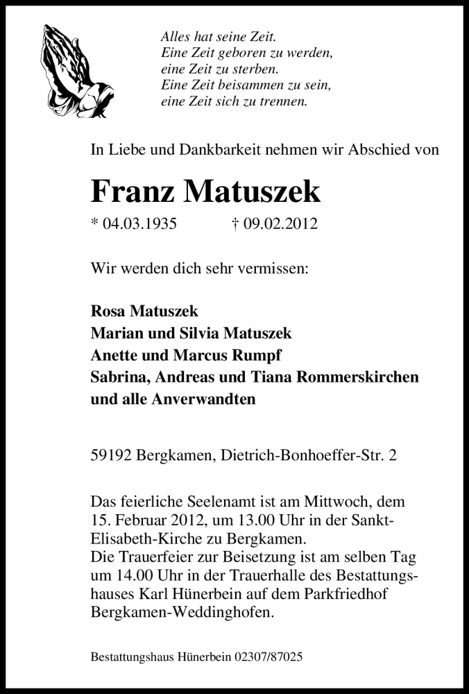  Traueranzeige für Franz Matuszek vom 13.02.2012 aus Tageszeitung