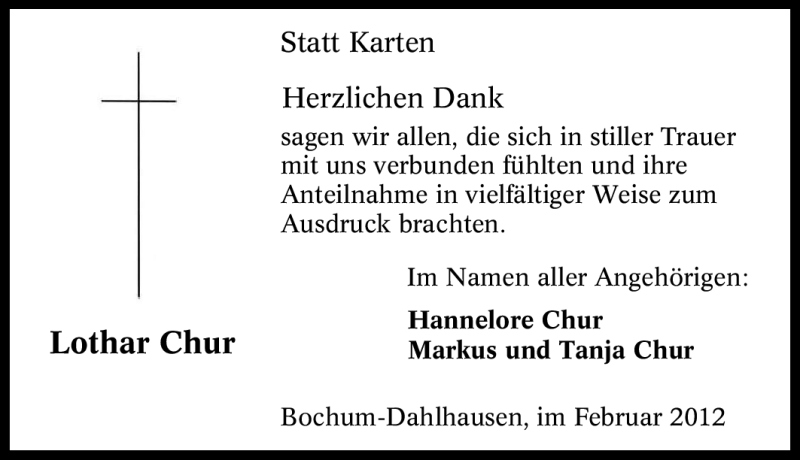  Traueranzeige für Lothar Chur vom 04.02.2012 aus WESTDEUTSCHE ALLGEMEINE ZEITUNG