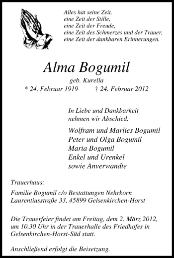 Traueranzeige von Alma Bogumil von Tageszeitung