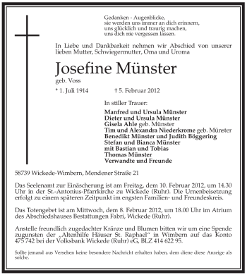 Traueranzeige von Josefine Münster von Tageszeitung