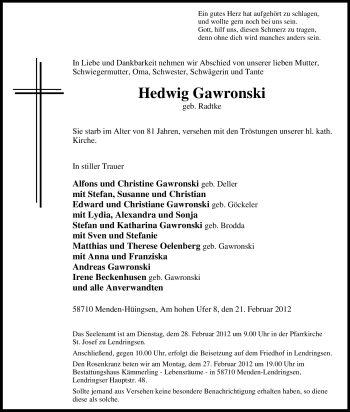 Traueranzeige von Hedwig Gawronski von Tageszeitung