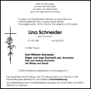 Traueranzeige von Lina Schneider von Tageszeitung