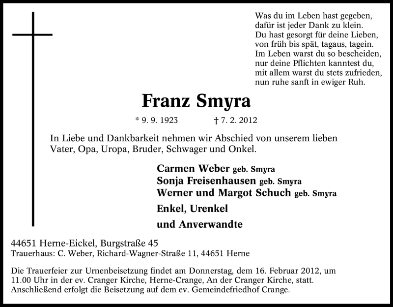  Traueranzeige für Franz Smyra vom 13.02.2012 aus Tageszeitung