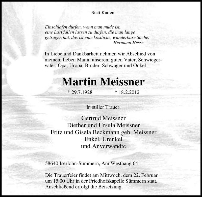  Traueranzeige für Martin Meissner vom 20.02.2012 aus Tageszeitung