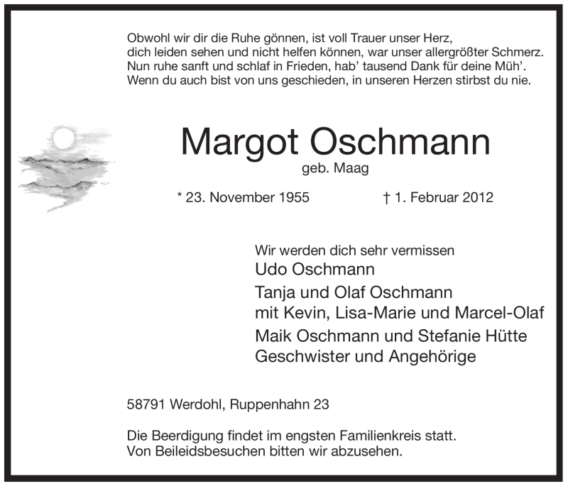  Traueranzeige für Margot Oschmann vom 07.02.2012 aus Tageszeitung