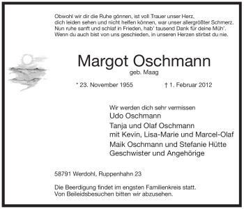 Traueranzeige von Margot Oschmann von Tageszeitung